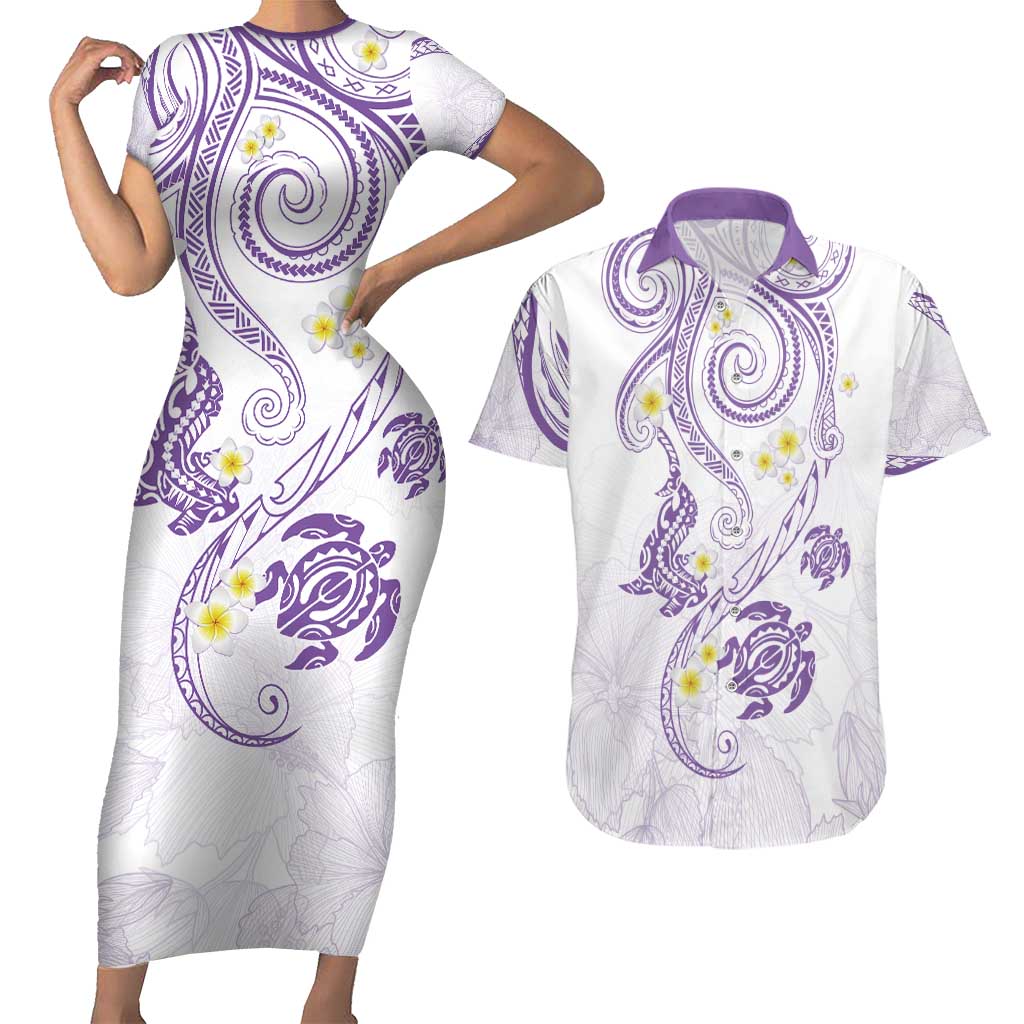 Polynesia Tribal Couples Matching Short Sleeve Bodycon Dress and Hawaiian Shirt Lilac Plumeria Tentacles LT7 Lilac - Polynesian Pride