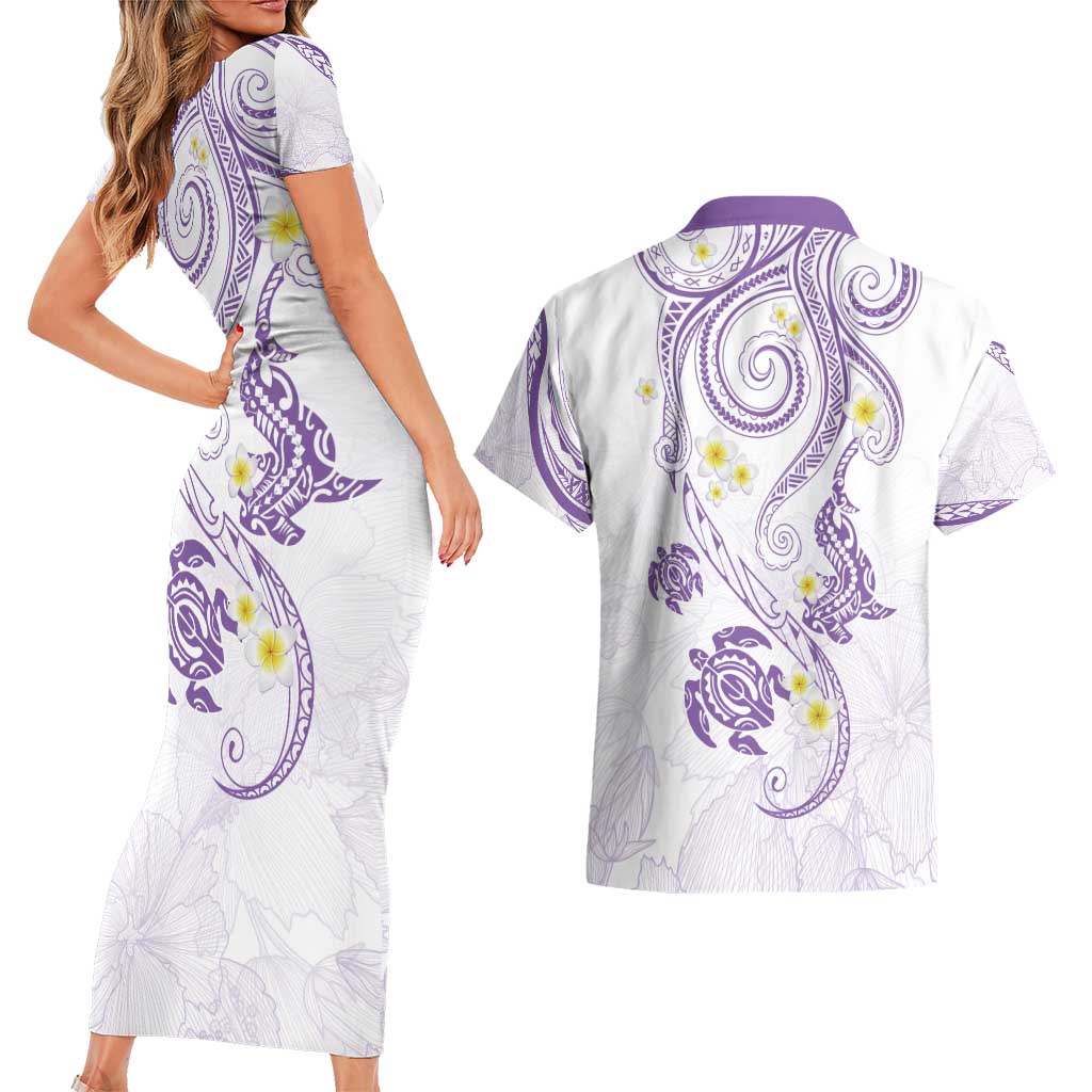 Polynesia Tribal Couples Matching Short Sleeve Bodycon Dress and Hawaiian Shirt Lilac Plumeria Tentacles LT7 - Polynesian Pride