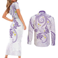 Polynesia Tribal Couples Matching Short Sleeve Bodycon Dress and Long Sleeve Button Shirt Lilac Plumeria Tentacles