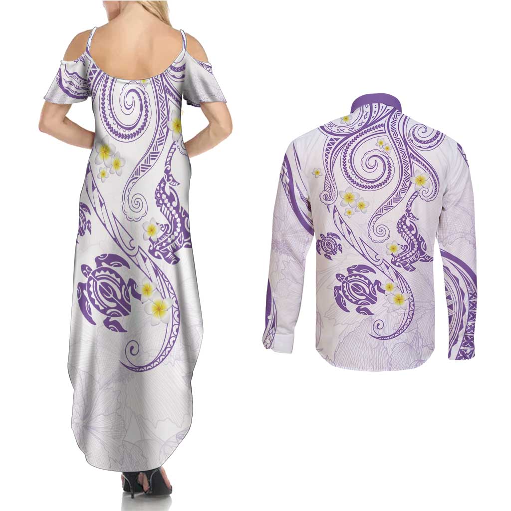 Polynesia Tribal Couples Matching Summer Maxi Dress and Long Sleeve Button Shirt Lilac Plumeria Tentacles LT7 - Polynesian Pride