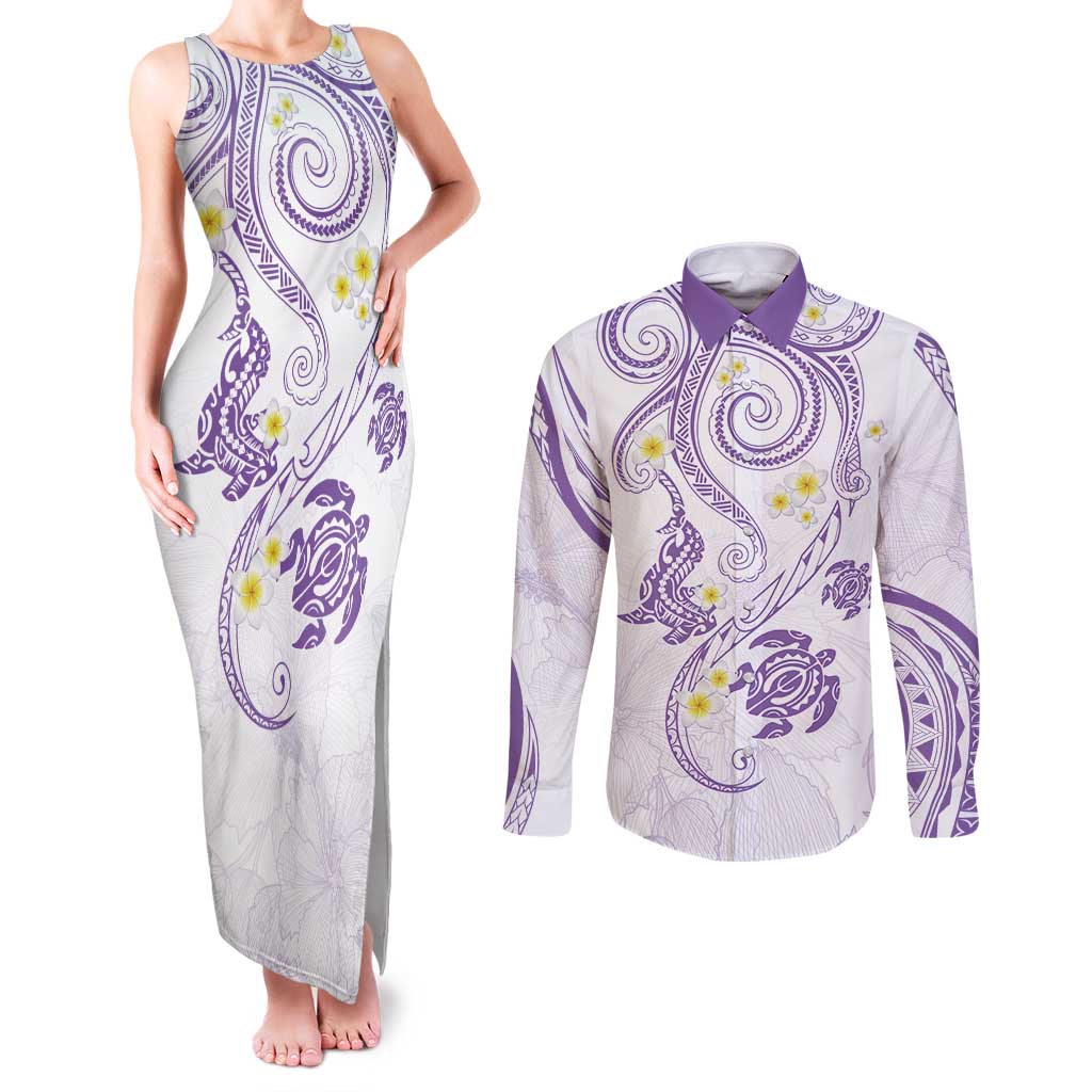 Polynesia Tribal Couples Matching Tank Maxi Dress and Long Sleeve Button Shirt Lilac Plumeria Tentacles LT7 Lilac - Polynesian Pride