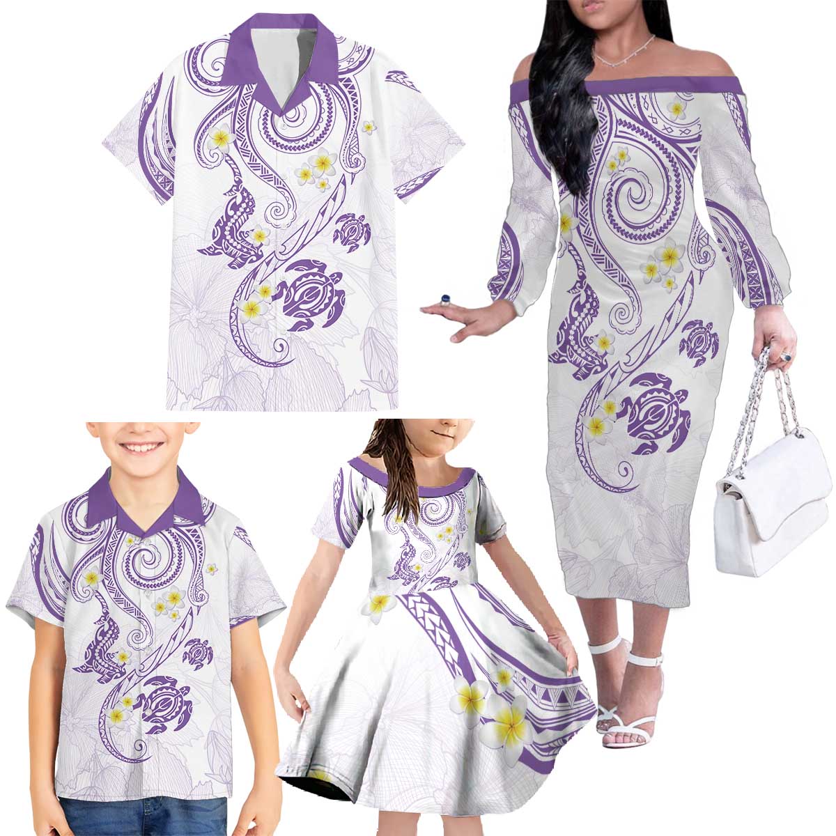 Polynesia Tribal Family Matching Off The Shoulder Long Sleeve Dress and Hawaiian Shirt Lilac Plumeria Tentacles LT7 Lilac - Polynesian Pride