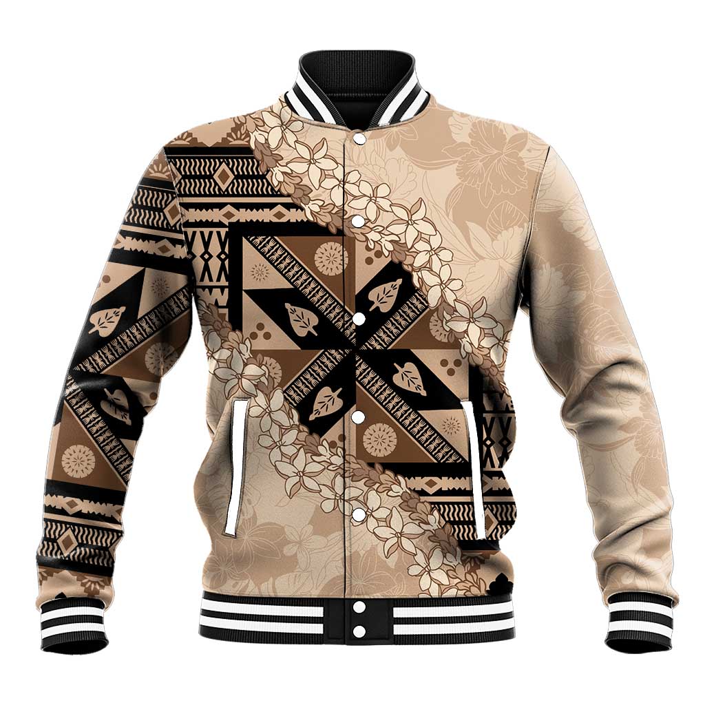 Bula Fiji Plumeria Tagimoucia Salusalu Beige Baseball Jacket Kaiviti Masi LT7 Unisex Beige - Polynesian Pride