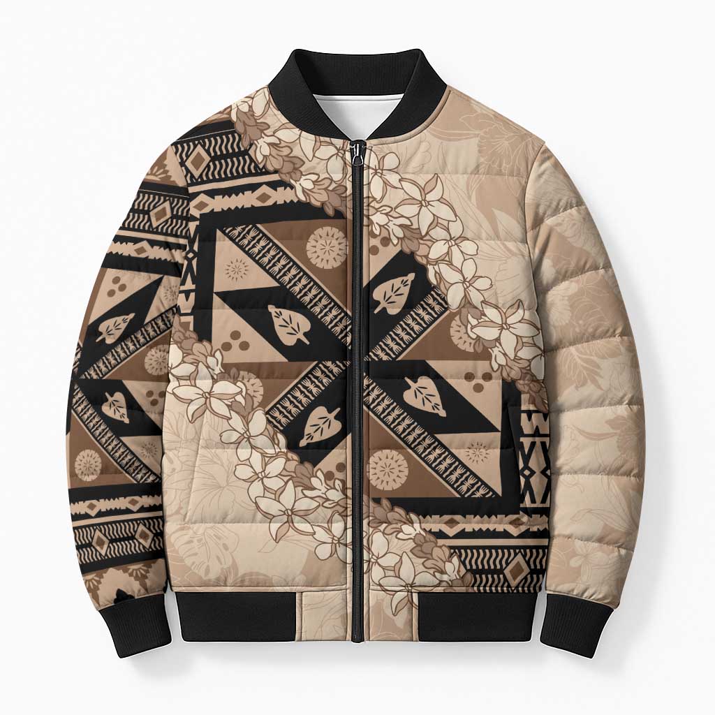 Bula Fiji Plumeria Tagimoucia Salusalu Beige Bomber Puffer Jacket Kaiviti Masi LT7 Unisex Beige - Polynesian Pride