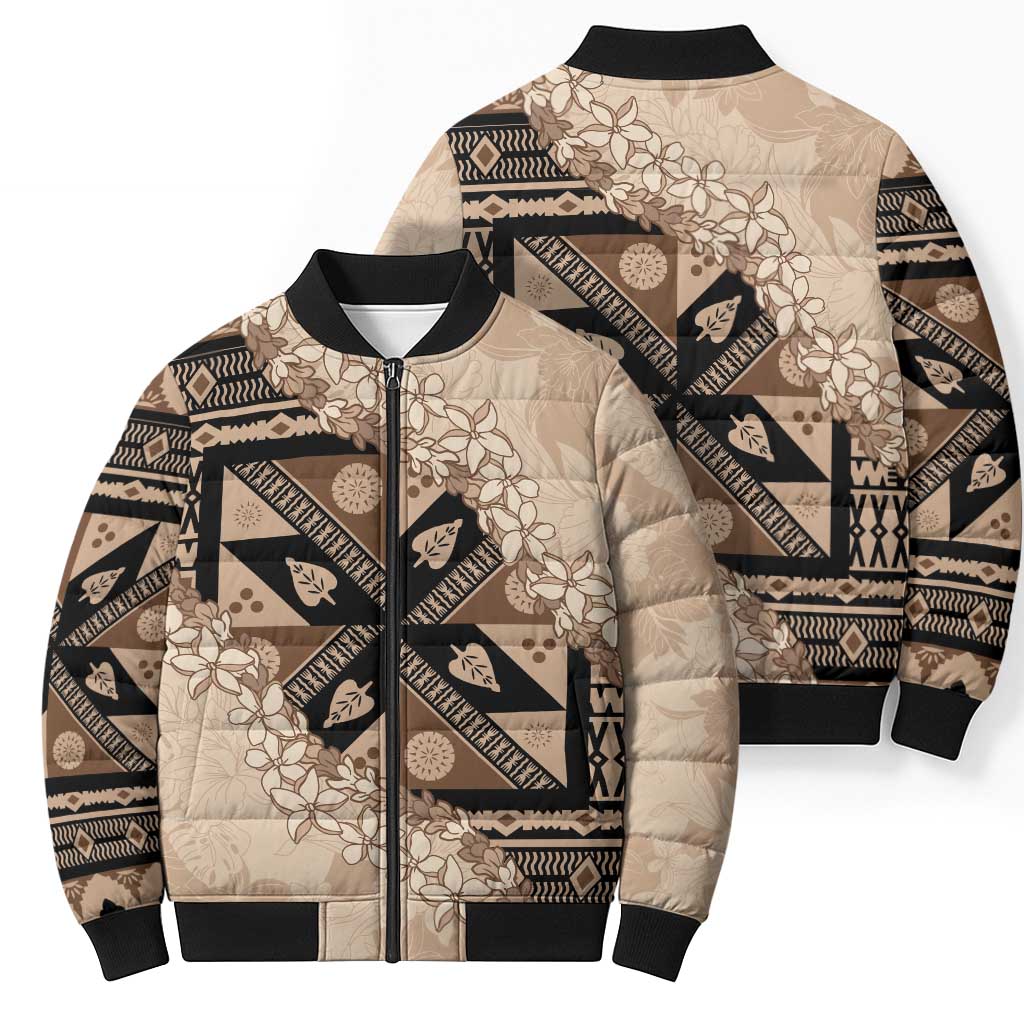 Bula Fiji Plumeria Tagimoucia Salusalu Beige Bomber Puffer Jacket Kaiviti Masi LT7 - Polynesian Pride