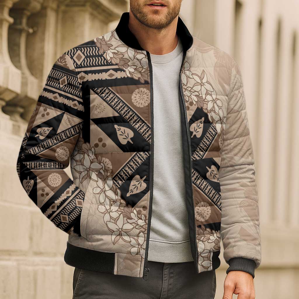 Bula Fiji Plumeria Tagimoucia Salusalu Beige Bomber Puffer Jacket Kaiviti Masi LT7 - Polynesian Pride