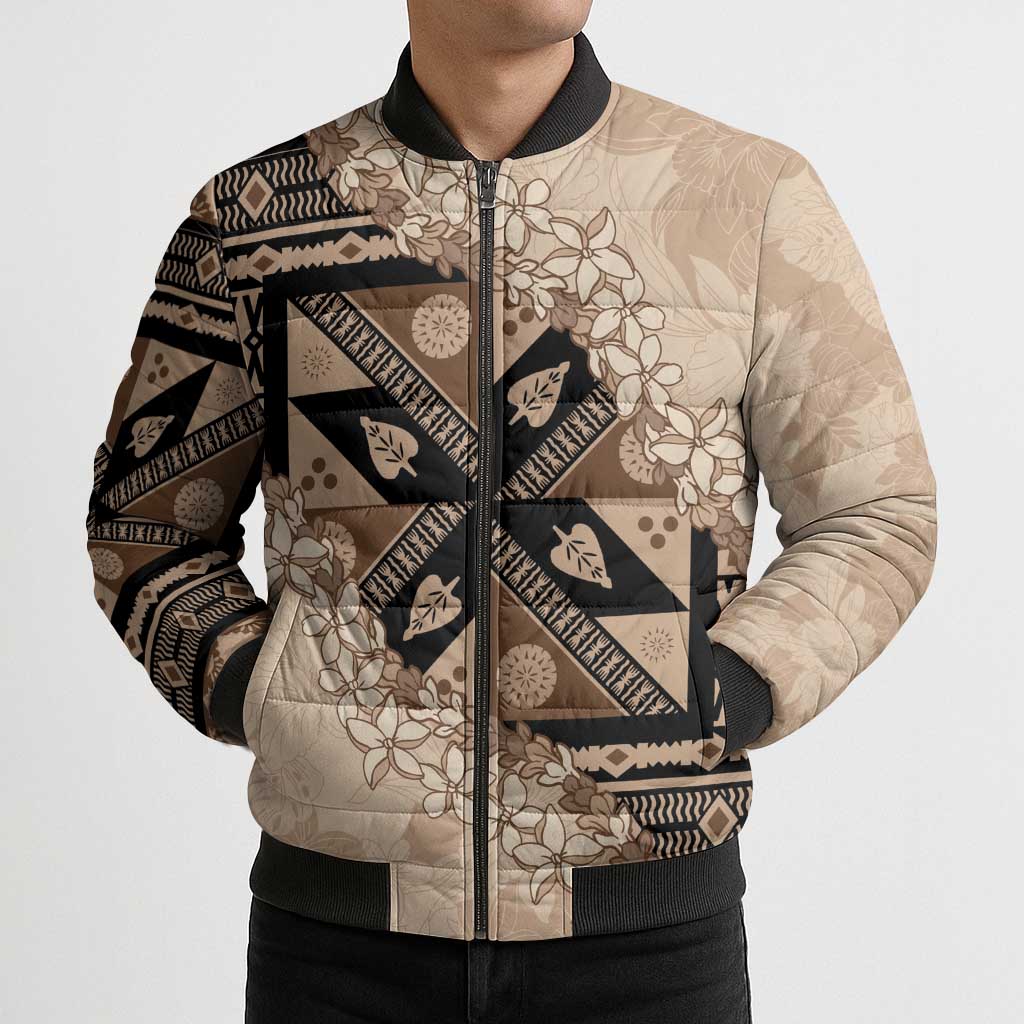 Bula Fiji Plumeria Tagimoucia Salusalu Beige Bomber Puffer Jacket Kaiviti Masi LT7 - Polynesian Pride