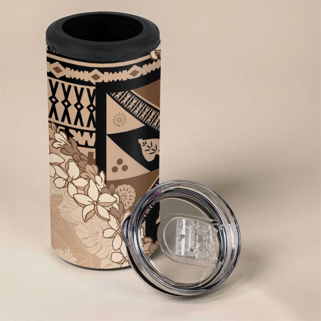 Bula Fiji Plumeria Tagimoucia Salusalu Beige 4 in 1 Can Cooler Tumbler Kaiviti Masi LT7 - Polynesian Pride