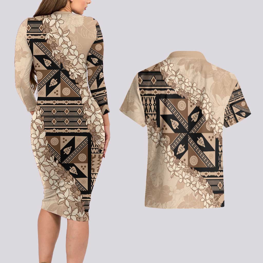 Bula Fiji Plumeria Tagimoucia Salusalu Beige Couples Matching Long Sleeve Bodycon Dress and Hawaiian Shirt Kaiviti Masi LT7 - Polynesian Pride