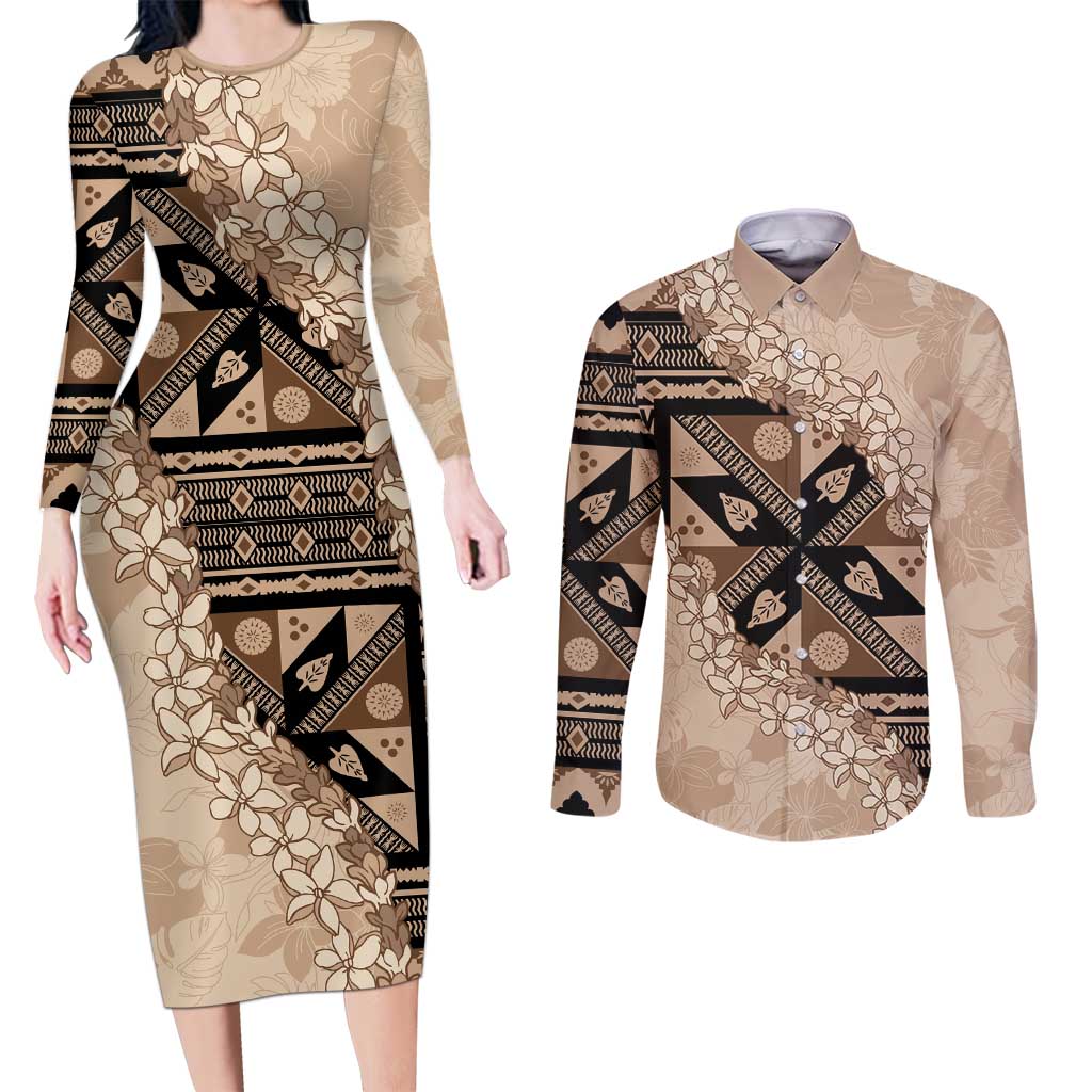Bula Fiji Plumeria Tagimoucia Salusalu Beige Couples Matching Long Sleeve Bodycon Dress and Long Sleeve Button Shirt Kaiviti Masi LT7 Beige - Polynesian Pride