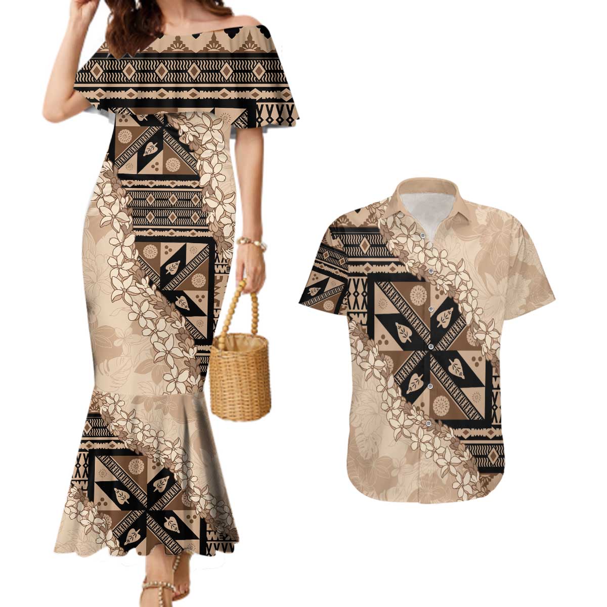 Bula Fiji Plumeria Tagimoucia Salusalu Beige Couples Matching Mermaid Dress and Hawaiian Shirt Kaiviti Masi LT7 Beige - Polynesian Pride