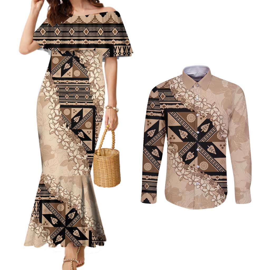 Bula Fiji Plumeria Tagimoucia Salusalu Beige Couples Matching Mermaid Dress and Long Sleeve Button Shirt Kaiviti Masi LT7 Beige - Polynesian Pride