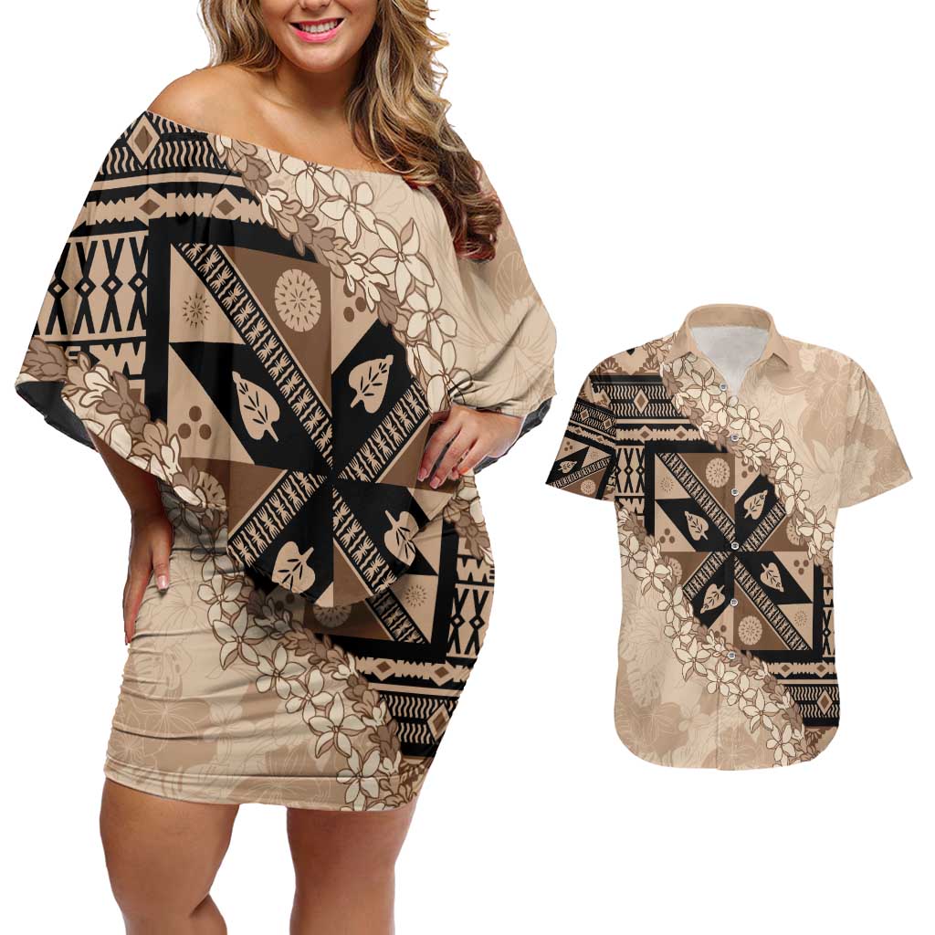 Bula Fiji Plumeria Tagimoucia Salusalu Beige Couples Matching Off Shoulder Short Dress and Hawaiian Shirt Kaiviti Masi LT7 Beige - Polynesian Pride