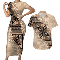Bula Fiji Plumeria Tagimoucia Salusalu Beige Couples Matching Short Sleeve Bodycon Dress and Hawaiian Shirt Kaiviti Masi LT7 Beige - Polynesian Pride