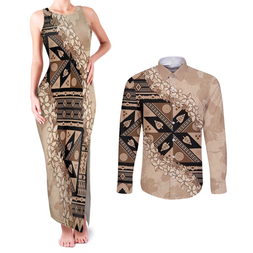 Bula Fiji Plumeria Tagimoucia Salusalu Beige Couples Matching Tank Maxi Dress and Long Sleeve Button Shirt Kaiviti Masi LT7 Beige - Polynesian Pride