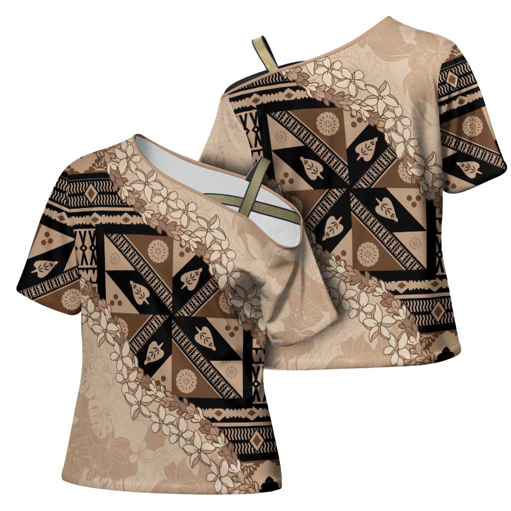 Bula Fiji Plumeria Tagimoucia Salusalu Beige Cross Shoulder Shirt Kaiviti Masi LT7 - Polynesian Pride