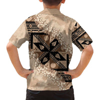 Bula Fiji Plumeria Tagimoucia Salusalu Beige Family Matching Off The Shoulder Long Sleeve Dress and Hawaiian Shirt Kaiviti Masi LT7 - Polynesian Pride
