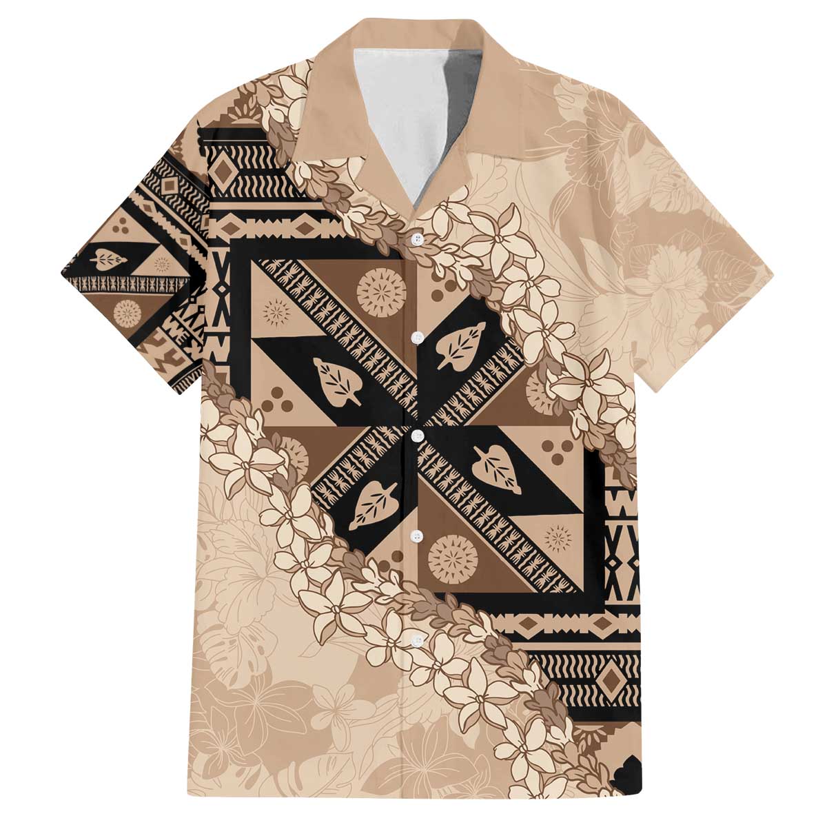 Bula Fiji Plumeria Tagimoucia Salusalu Beige Family Matching Off The Shoulder Long Sleeve Dress and Hawaiian Shirt Kaiviti Masi LT7 Dad's Shirt - Short Sleeve Beige - Polynesian Pride