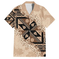 Bula Fiji Plumeria Tagimoucia Salusalu Beige Family Matching Off Shoulder Short Dress and Hawaiian Shirt Kaiviti Masi LT7 Dad's Shirt - Short Sleeve Beige - Polynesian Pride
