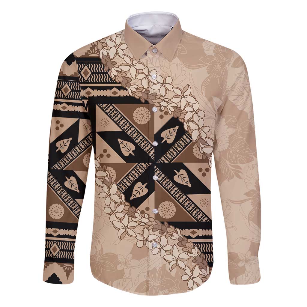 Bula Fiji Plumeria Tagimoucia Salusalu Beige Family Matching Off Shoulder Short Dress and Hawaiian Shirt Kaiviti Masi LT7 Dad's Shirt - Long Sleeve Beige - Polynesian Pride