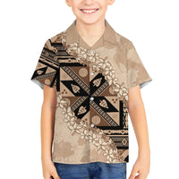 Bula Fiji Plumeria Tagimoucia Salusalu Beige Family Matching Off Shoulder Short Dress and Hawaiian Shirt Kaiviti Masi LT7 Son's Shirt Beige - Polynesian Pride