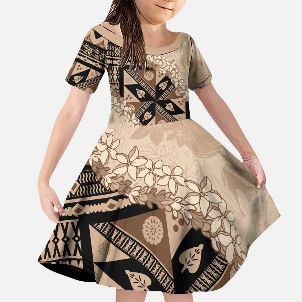 Bula Fiji Plumeria Tagimoucia Salusalu Beige Family Matching Puletasi and Hawaiian Shirt Kaiviti Masi LT7 Daughter's Dress Beige - Polynesian Pride