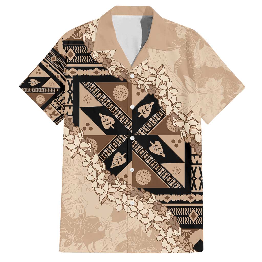 Bula Fiji Plumeria Tagimoucia Salusalu Beige Family Matching Puletasi and Hawaiian Shirt Kaiviti Masi LT7 Dad's Shirt - Short Sleeve Beige - Polynesian Pride