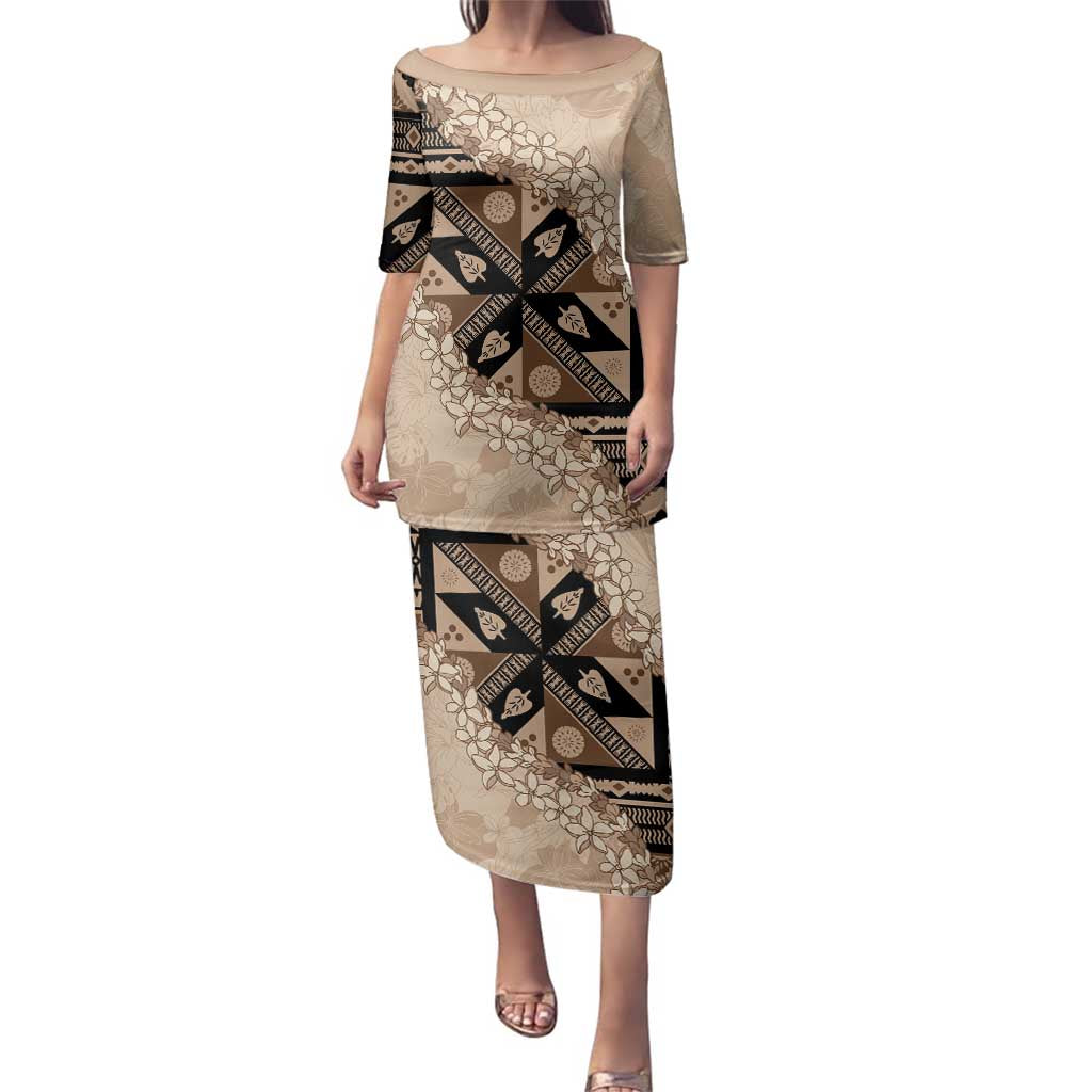 Bula Fiji Plumeria Tagimoucia Salusalu Beige Family Matching Puletasi and Hawaiian Shirt Kaiviti Masi LT7 Mom's Dress Beige - Polynesian Pride