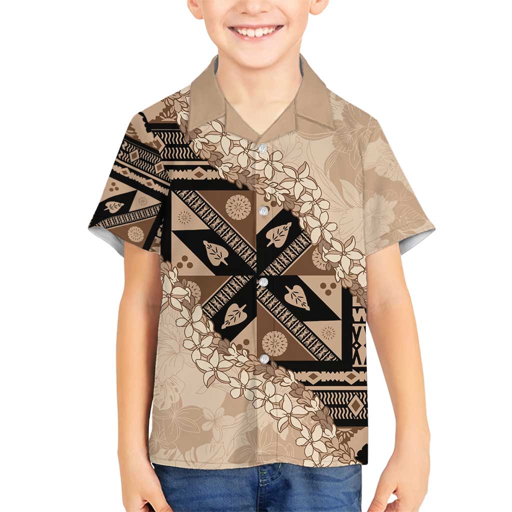 Bula Fiji Plumeria Tagimoucia Salusalu Beige Family Matching Puletasi and Hawaiian Shirt Kaiviti Masi LT7 Son's Shirt Beige - Polynesian Pride