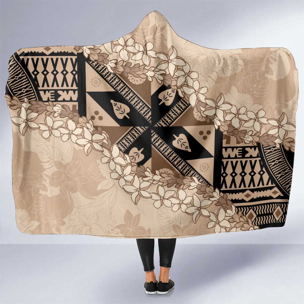 Bula Fiji Plumeria Tagimoucia Salusalu Beige Hooded Blanket Kaiviti Masi LT7 One Size Beige - Polynesian Pride