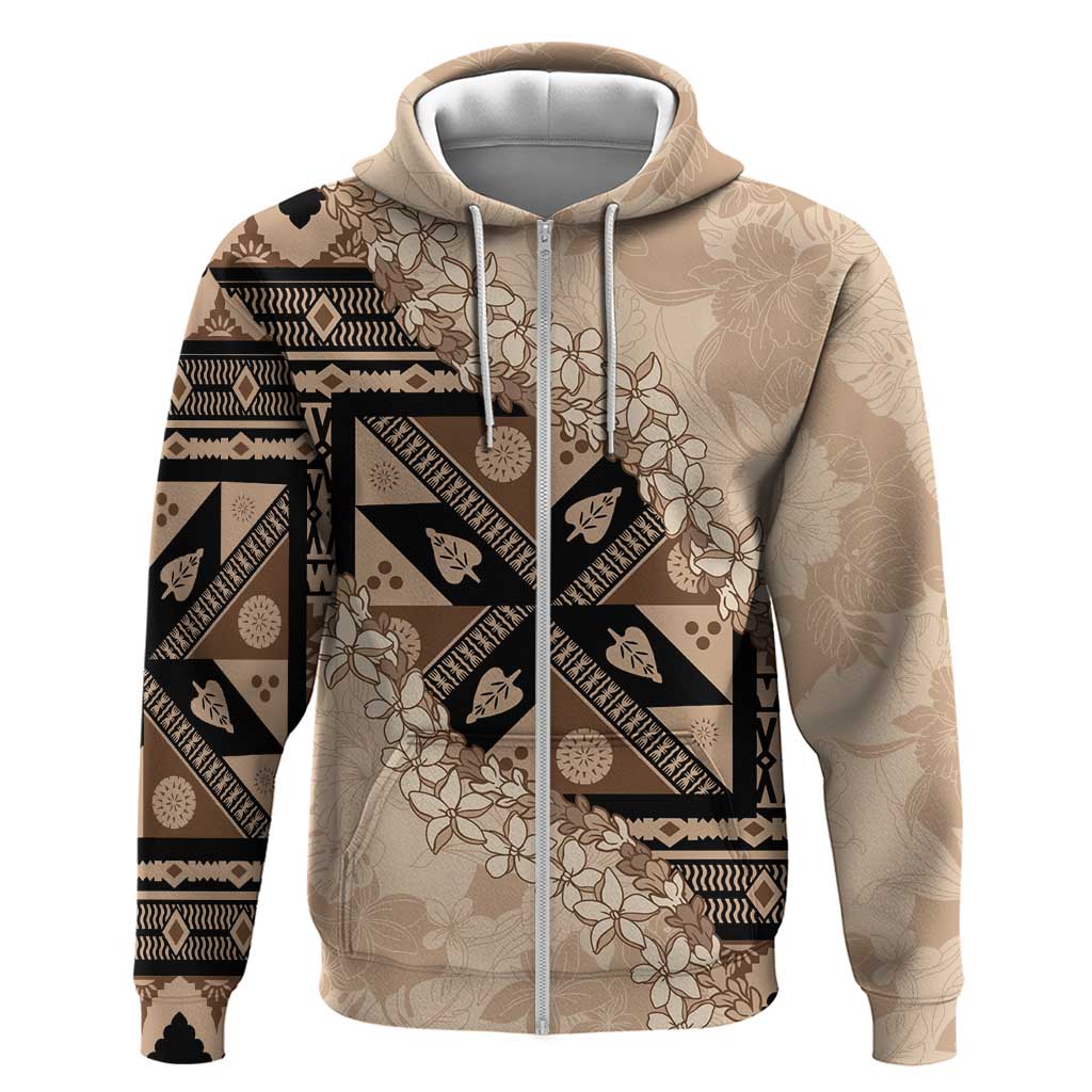 Bula Fiji Plumeria Tagimoucia Salusalu Beige Hoodie Kaiviti Masi LT7 Zip Hoodie Beige - Polynesian Pride