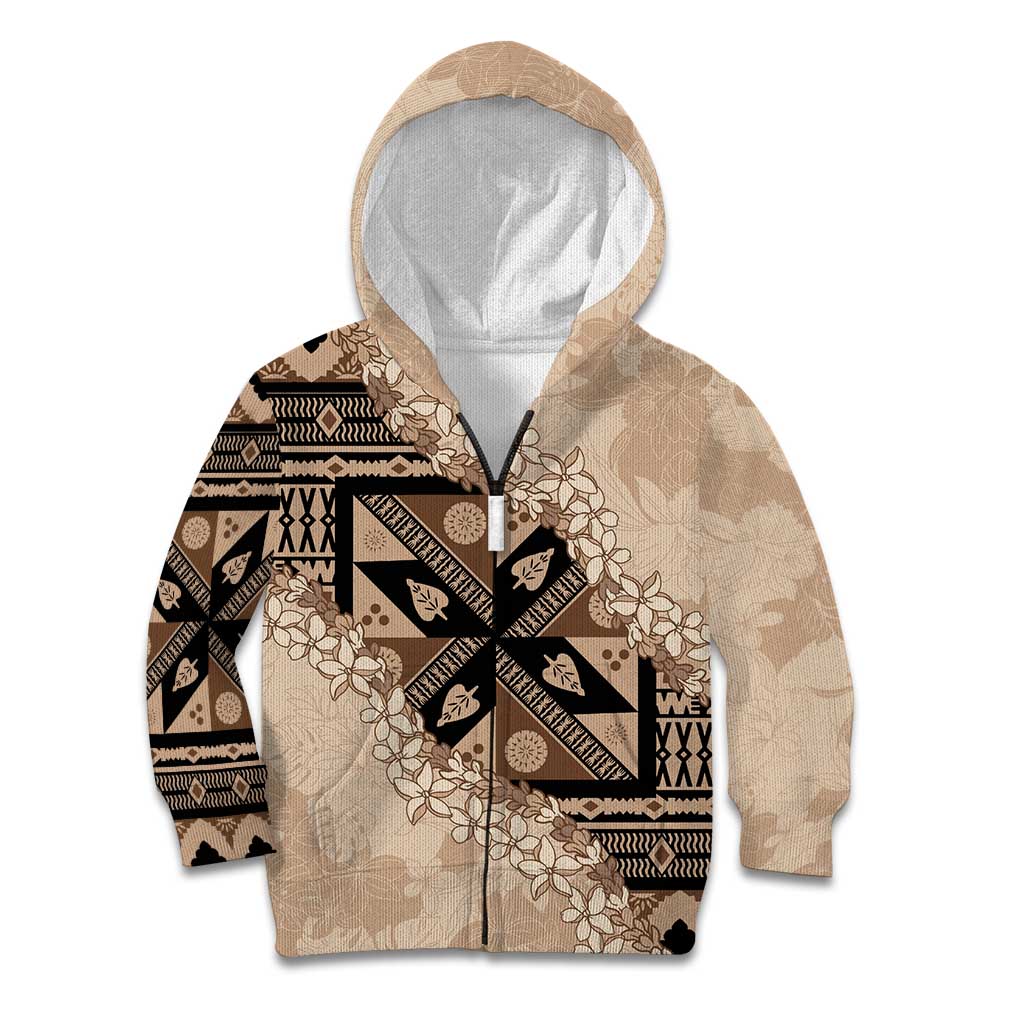 Bula Fiji Plumeria Tagimoucia Salusalu Beige Kid Hoodie Kaiviti Masi LT7 Zip Hoodie Beige - Polynesian Pride