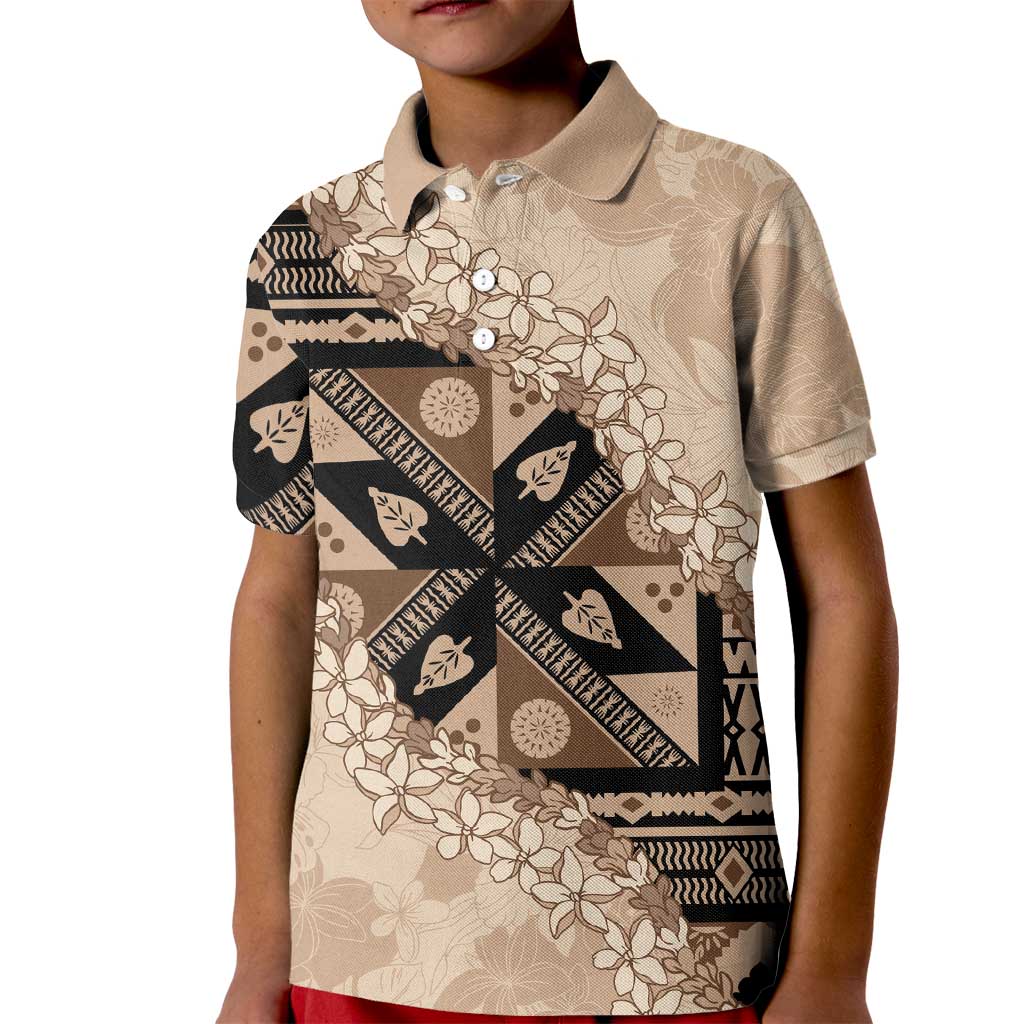 Bula Fiji Plumeria Tagimoucia Salusalu Beige Kid Polo Shirt Kaiviti Masi LT7 Kid Beige - Polynesian Pride