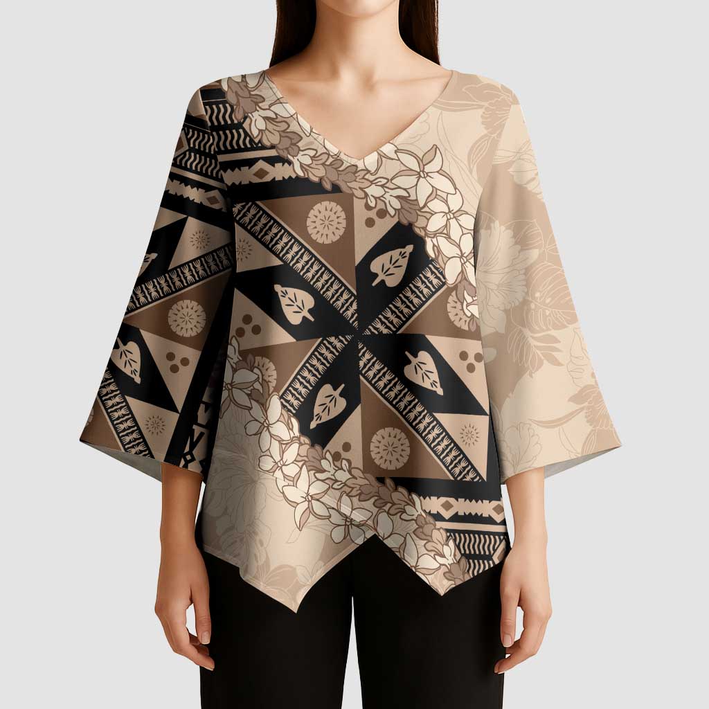 Bula Fiji Plumeria Tagimoucia Salusalu Beige Kimono Sleeve Blouse Kaiviti Masi LT7 - Polynesian Pride