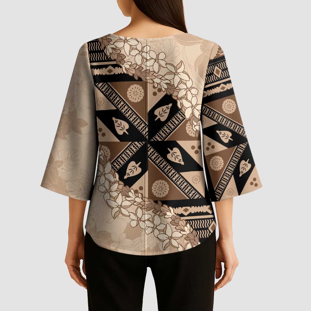 Bula Fiji Plumeria Tagimoucia Salusalu Beige Kimono Sleeve Blouse Kaiviti Masi LT7 - Polynesian Pride