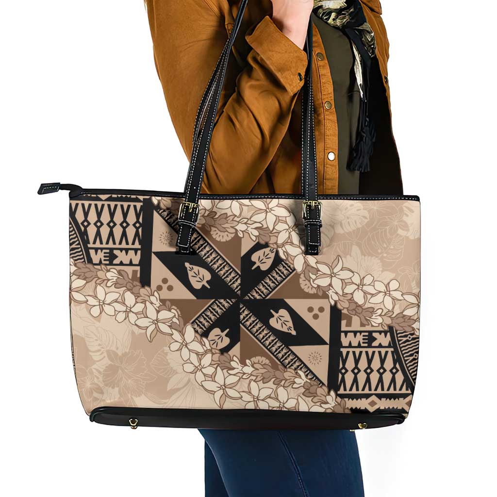 Bula Fiji Plumeria Tagimoucia Salusalu Beige Leather Tote Bag Kaiviti Masi LT7 - Polynesian Pride