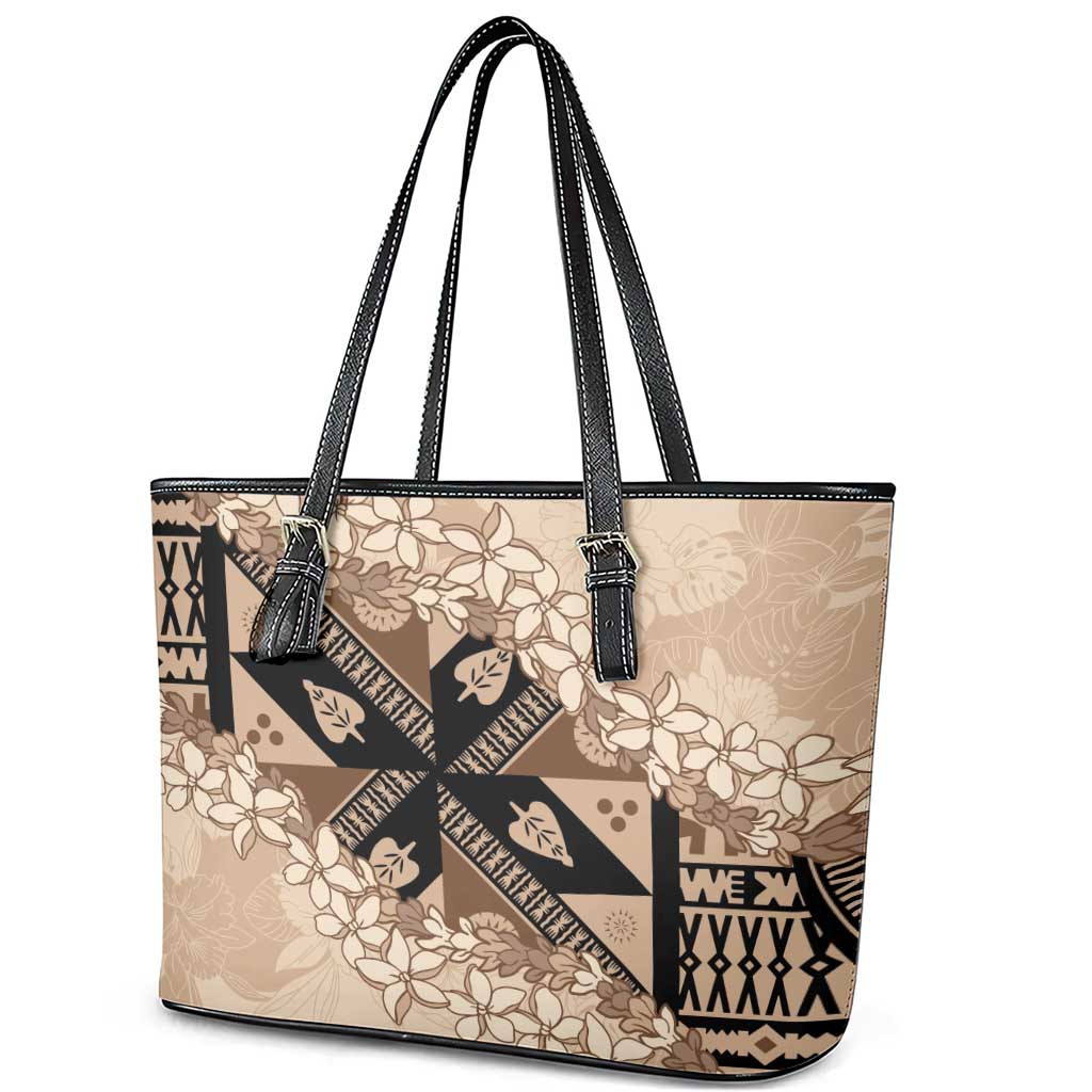 Bula Fiji Plumeria Tagimoucia Salusalu Beige Leather Tote Bag Kaiviti Masi LT7 - Polynesian Pride