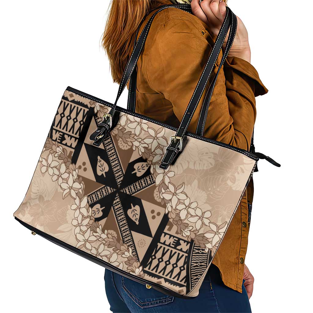 Bula Fiji Plumeria Tagimoucia Salusalu Beige Leather Tote Bag Kaiviti Masi LT7 - Polynesian Pride