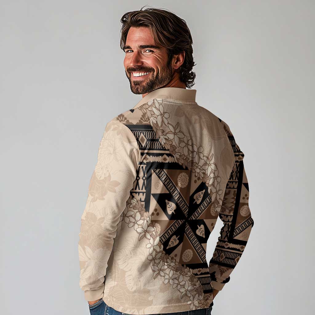 Bula Fiji Plumeria Tagimoucia Salusalu Beige Long Sleeve Polo Shirt Kaiviti Masi LT7 - Polynesian Pride