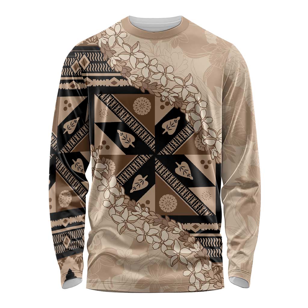 Bula Fiji Plumeria Tagimoucia Salusalu Beige Long Sleeve Shirt Kaiviti Masi LT7 Unisex Beige - Polynesian Pride