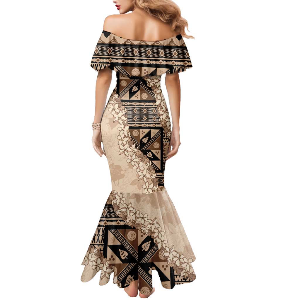 Bula Fiji Plumeria Tagimoucia Salusalu Beige Mermaid Dress Kaiviti Masi LT7 - Polynesian Pride