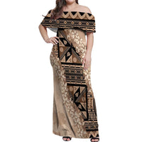 Bula Fiji Plumeria Tagimoucia Salusalu Beige Off Shoulder Maxi Dress Kaiviti Masi LT7 Women Beige - Polynesian Pride