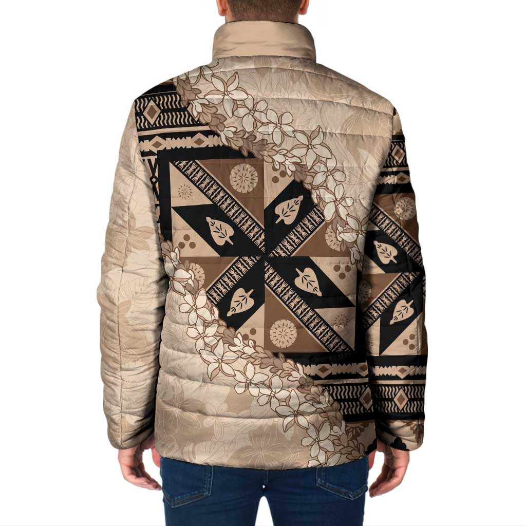 Bula Fiji Plumeria Tagimoucia Salusalu Beige Padded Jacket Kaiviti Masi LT7 - Polynesian Pride