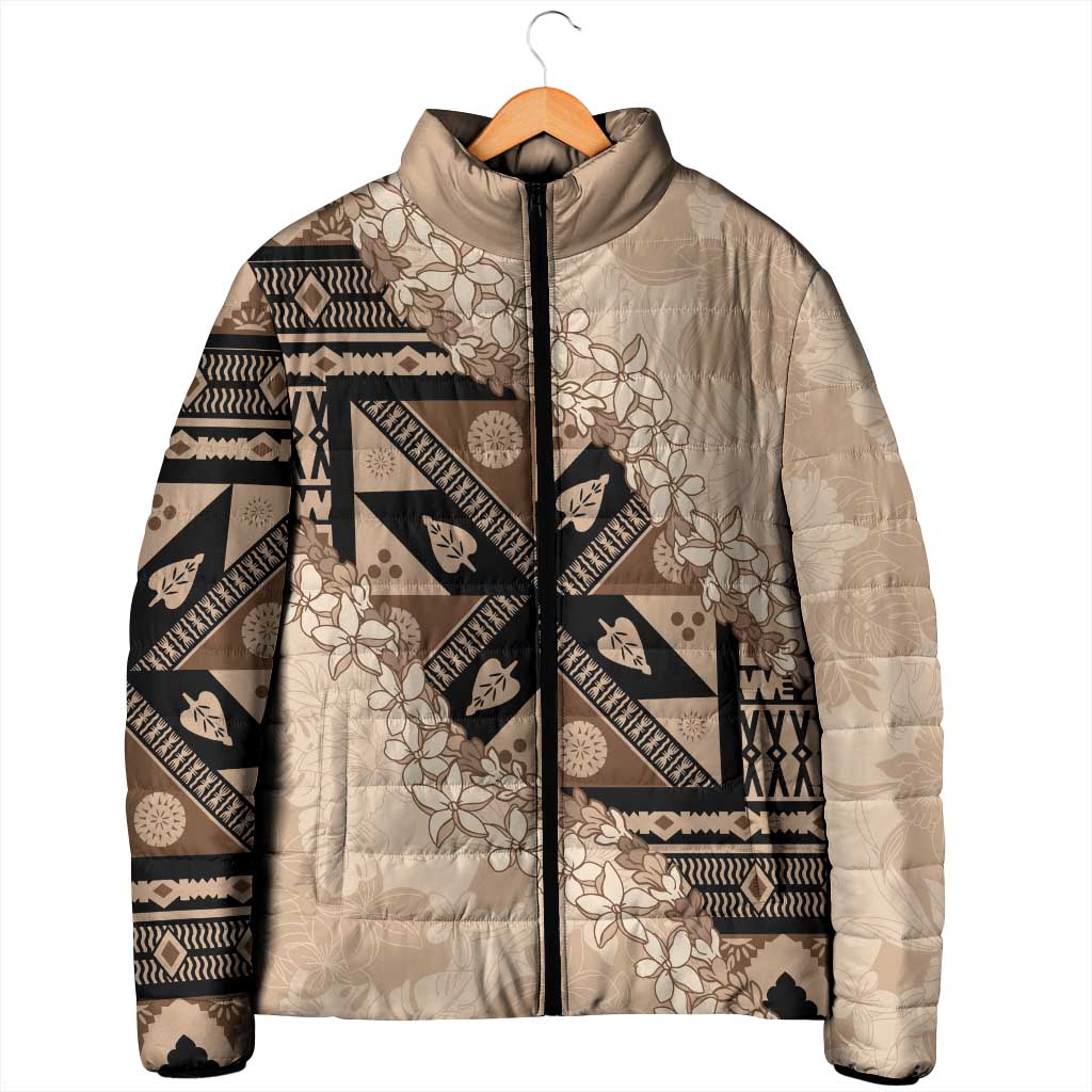 Bula Fiji Plumeria Tagimoucia Salusalu Beige Padded Jacket Kaiviti Masi LT7 - Polynesian Pride