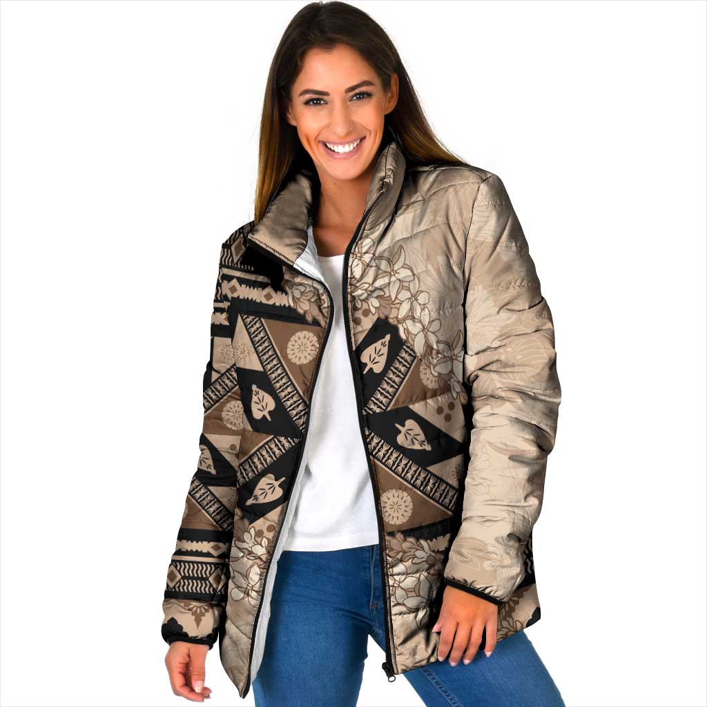 Bula Fiji Plumeria Tagimoucia Salusalu Beige Padded Jacket Kaiviti Masi LT7 Women Beige - Polynesian Pride