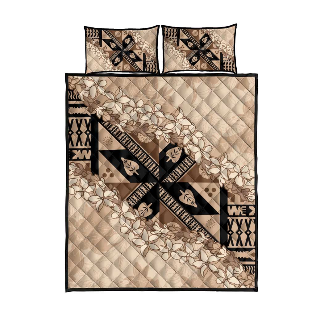 Bula Fiji Plumeria Tagimoucia Salusalu Beige Quilt Bed Set Kaiviti Masi LT7 - Polynesian Pride