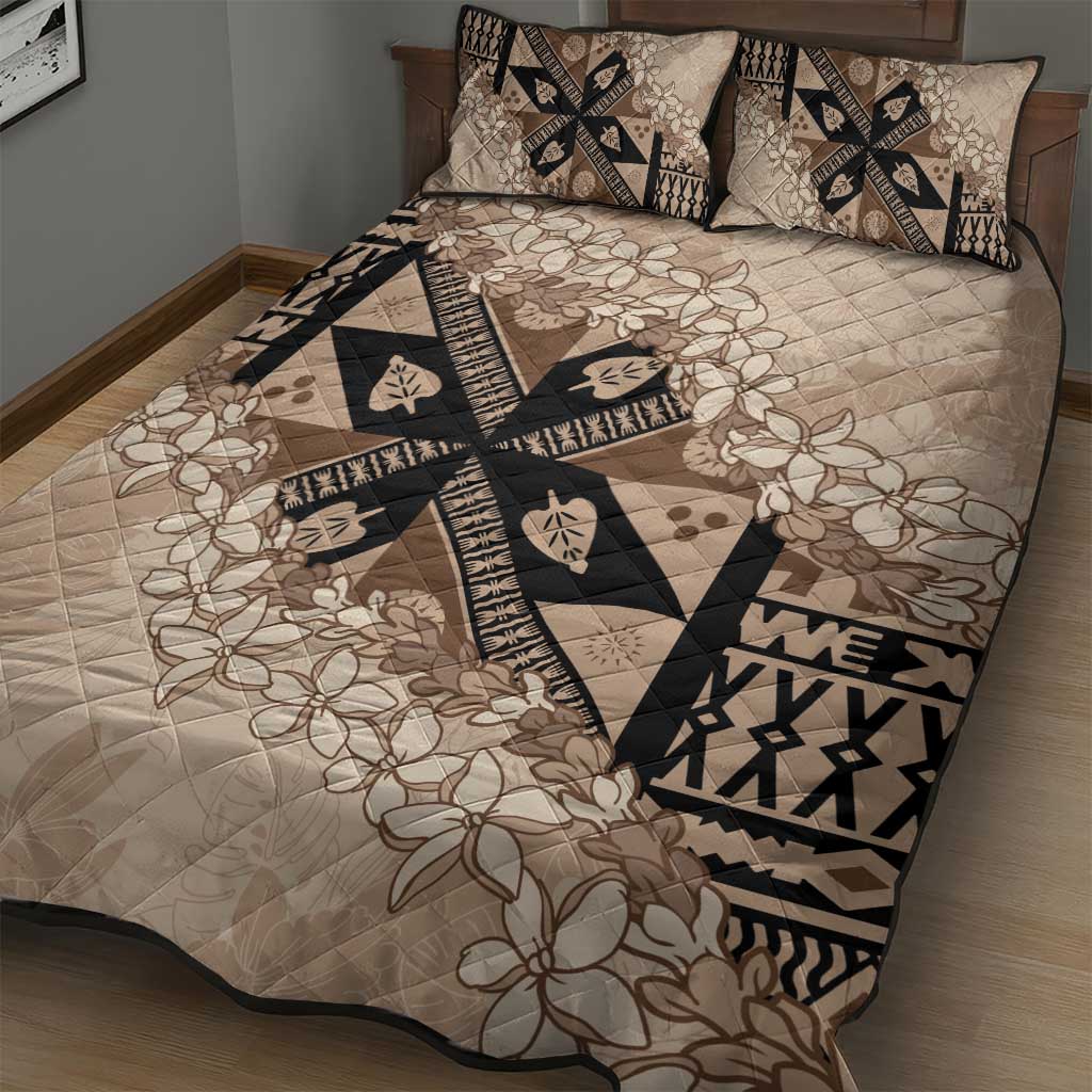 Bula Fiji Plumeria Tagimoucia Salusalu Beige Quilt Bed Set Kaiviti Masi LT7 - Polynesian Pride