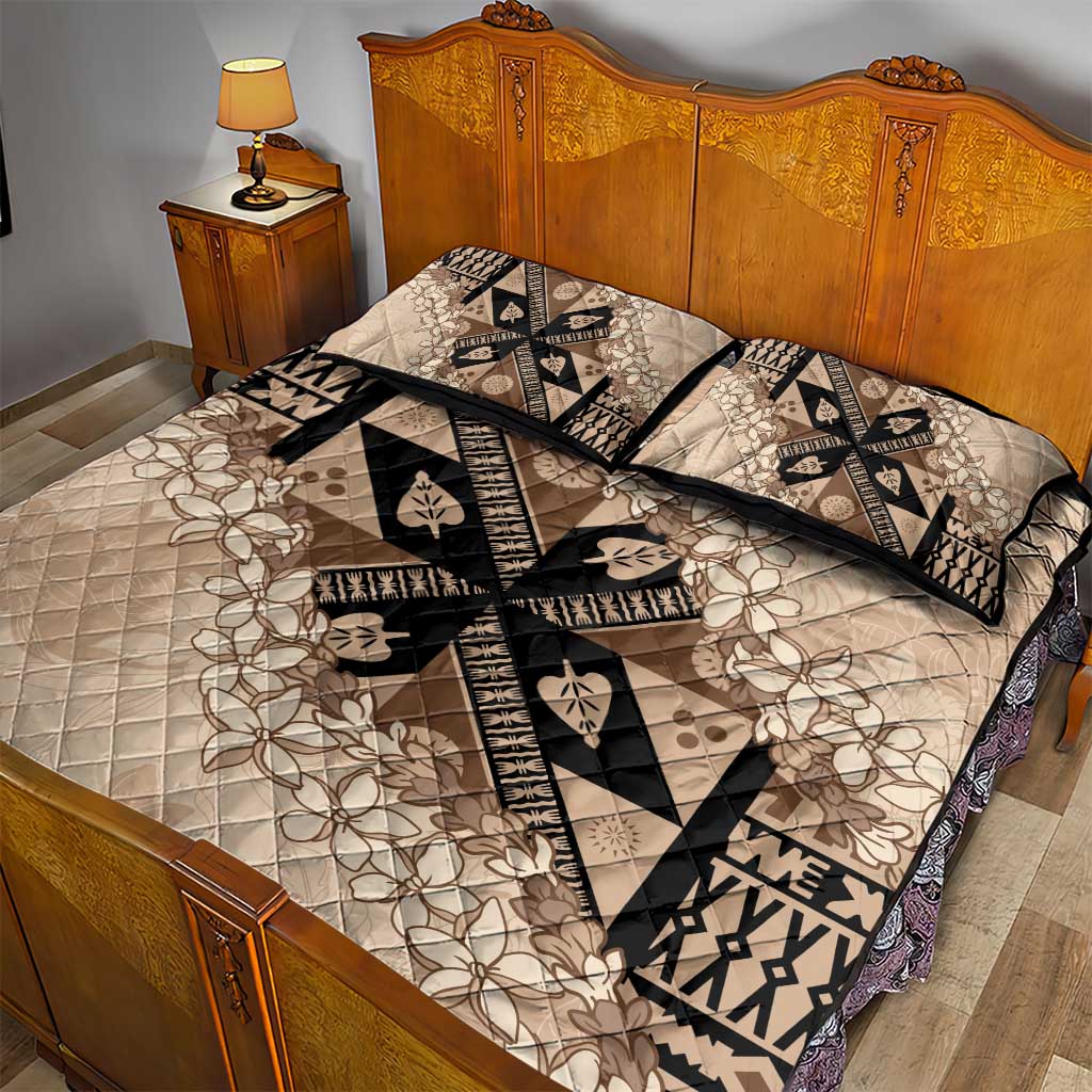 Bula Fiji Plumeria Tagimoucia Salusalu Beige Quilt Bed Set Kaiviti Masi LT7 - Polynesian Pride