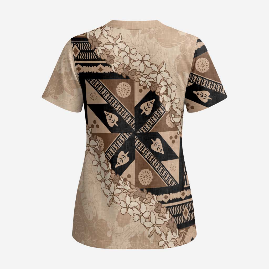 Bula Fiji Plumeria Tagimoucia Salusalu Beige Scrub Top Kaiviti Masi LT7 - Polynesian Pride