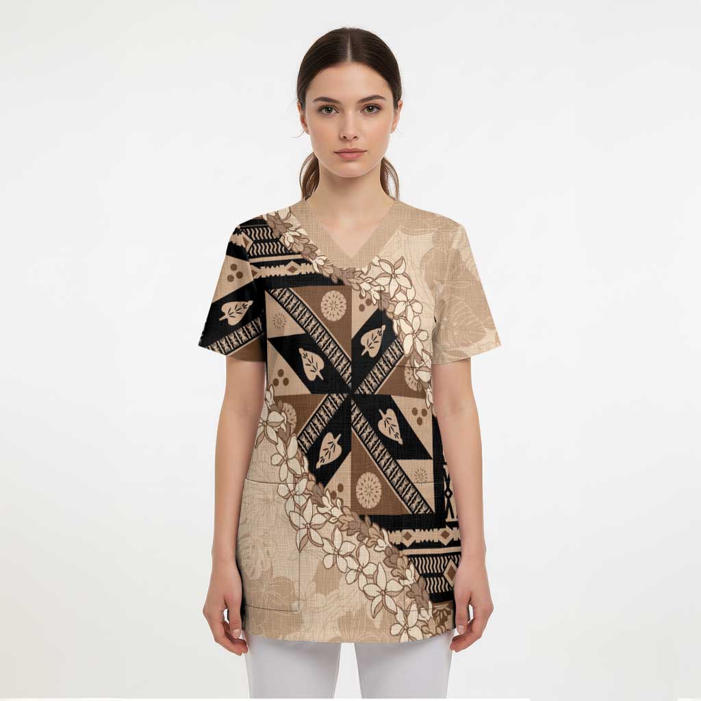 Bula Fiji Plumeria Tagimoucia Salusalu Beige Scrub Top Kaiviti Masi LT7 - Polynesian Pride